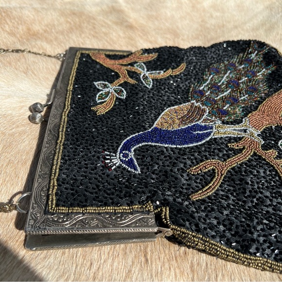 Antique Vintage Art Deco Large Beaded Sequin Peacock Long Chain Shoulder Bag - Picture 11 of 13